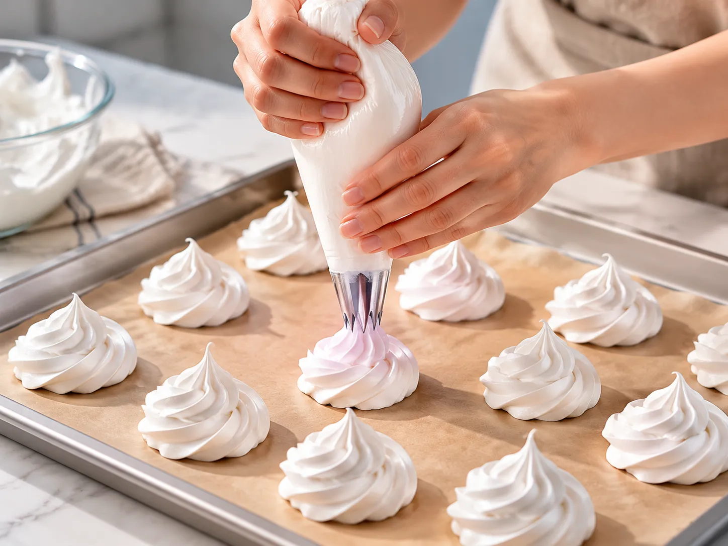 Piping meringue swirls onto baking sheet