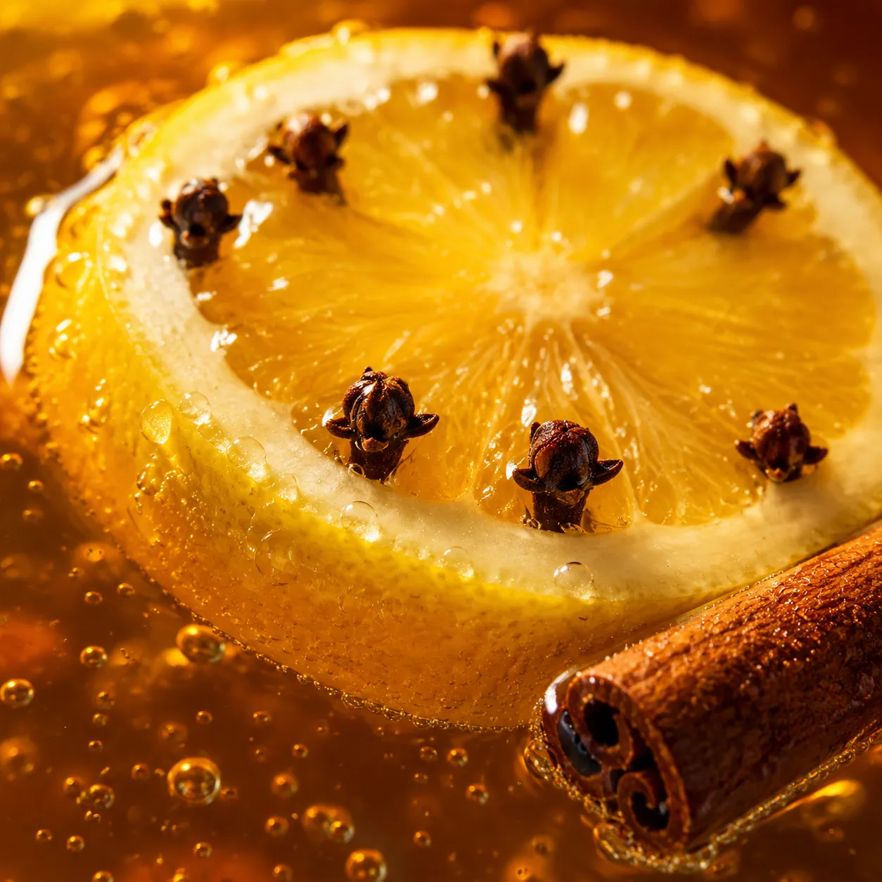 Macro close-up of clove-studded lemon in hot whisky toddy