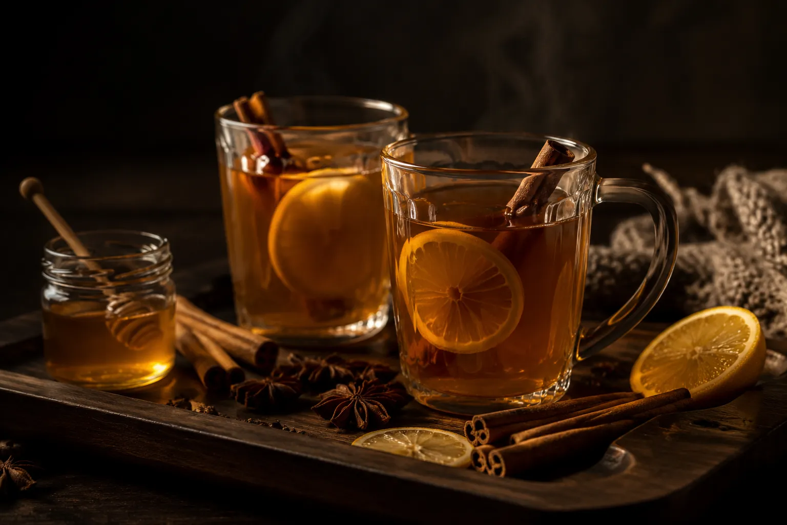 Two hot whisky toddies on a serving tray with spices