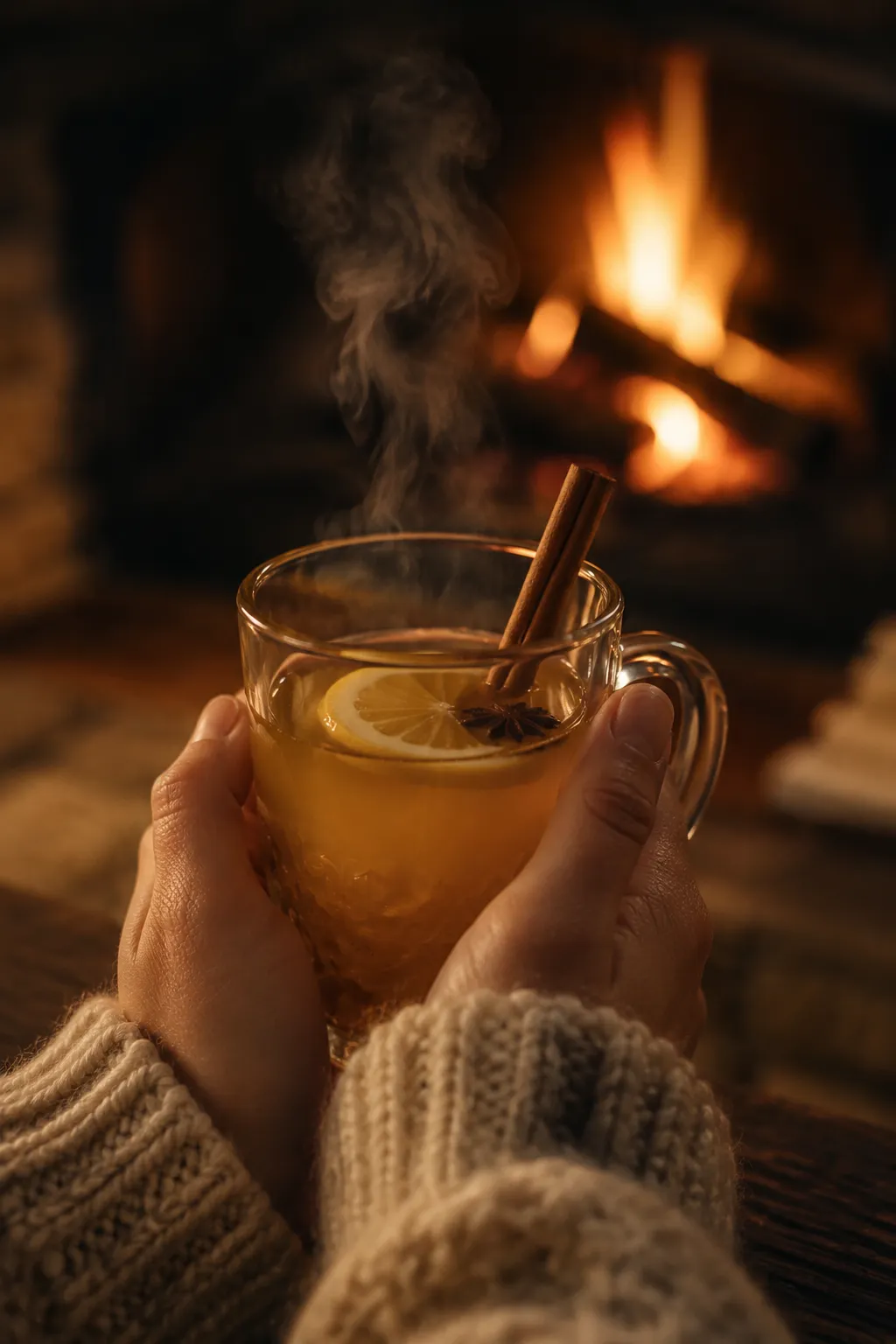 Hands holding a cozy hot whisky toddy by the fireplace
