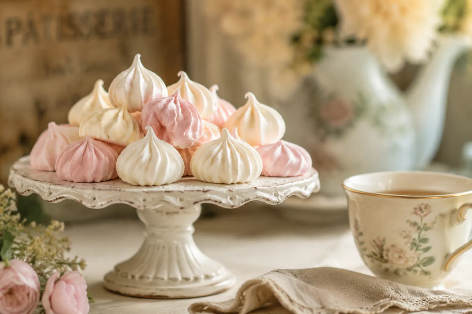 Meringue cookies served on cake stand with tea