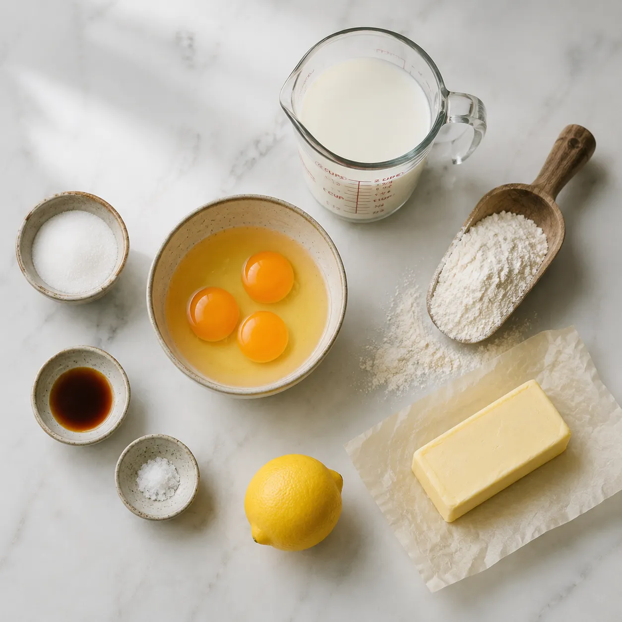 Ingredients for a Dutch baby recipe including eggs, milk, flour, butter, and lemon