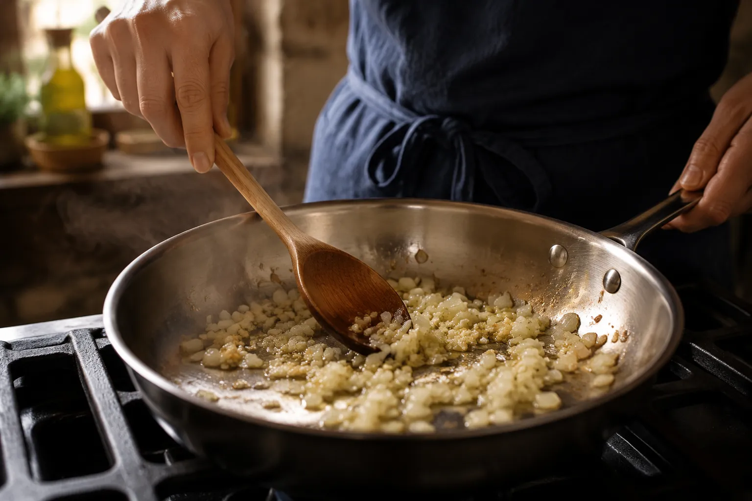 Sautéing onions and garlic for homemade spaghetti sauce.
