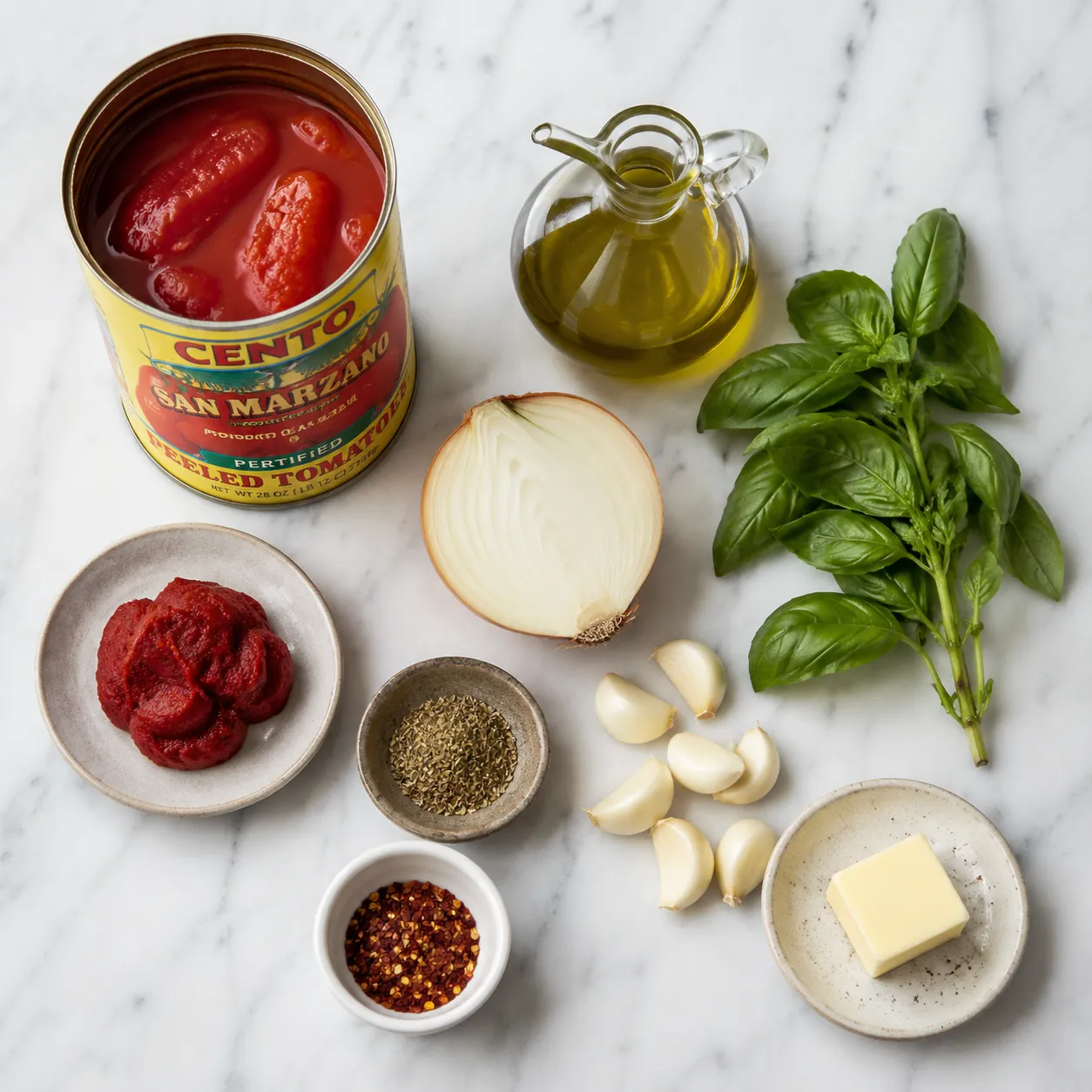 Ingredients for homemade spaghetti sauce arranged on a marble countertop.