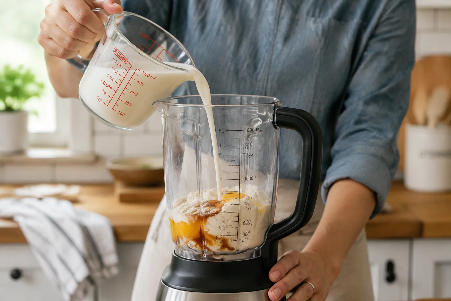 Pouring milk into blender to make Dutch baby pancake batter