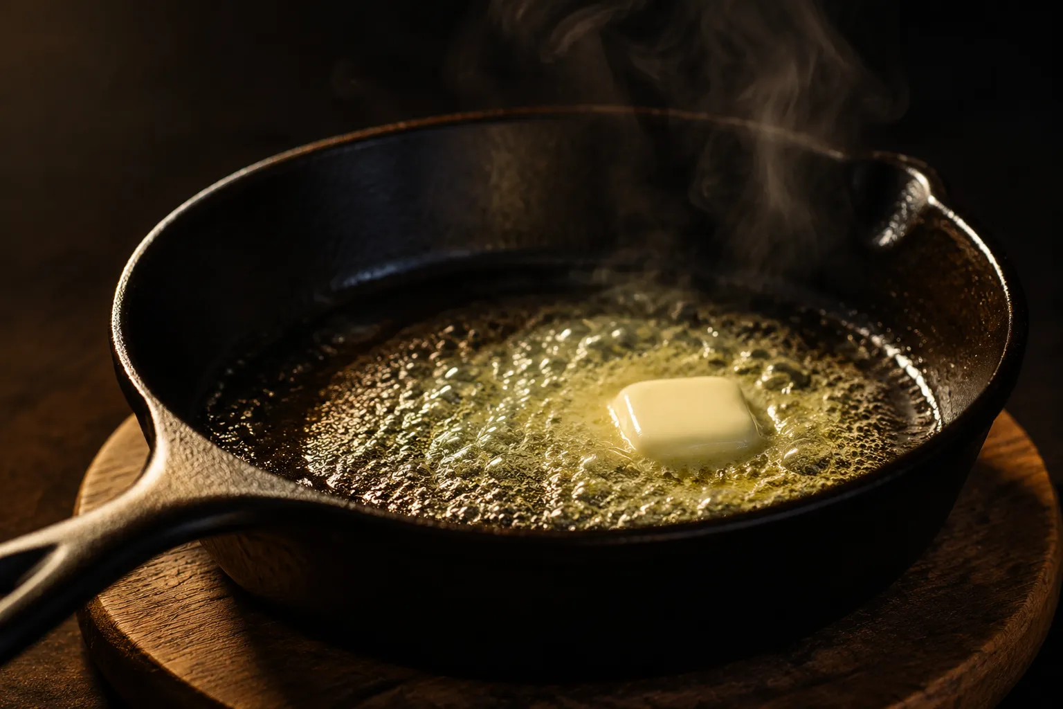 Melted butter bubbling in a hot cast iron skillet for a Dutch baby