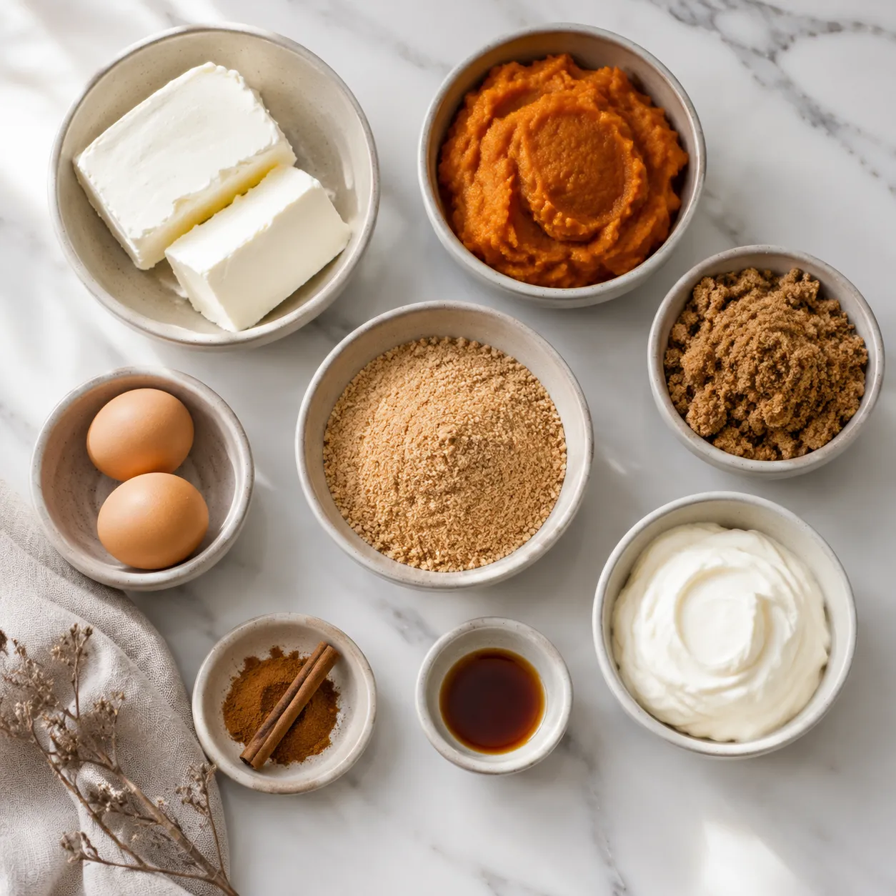 Ingredients for pumpkin cheesecake recipe arranged in bowls on marble