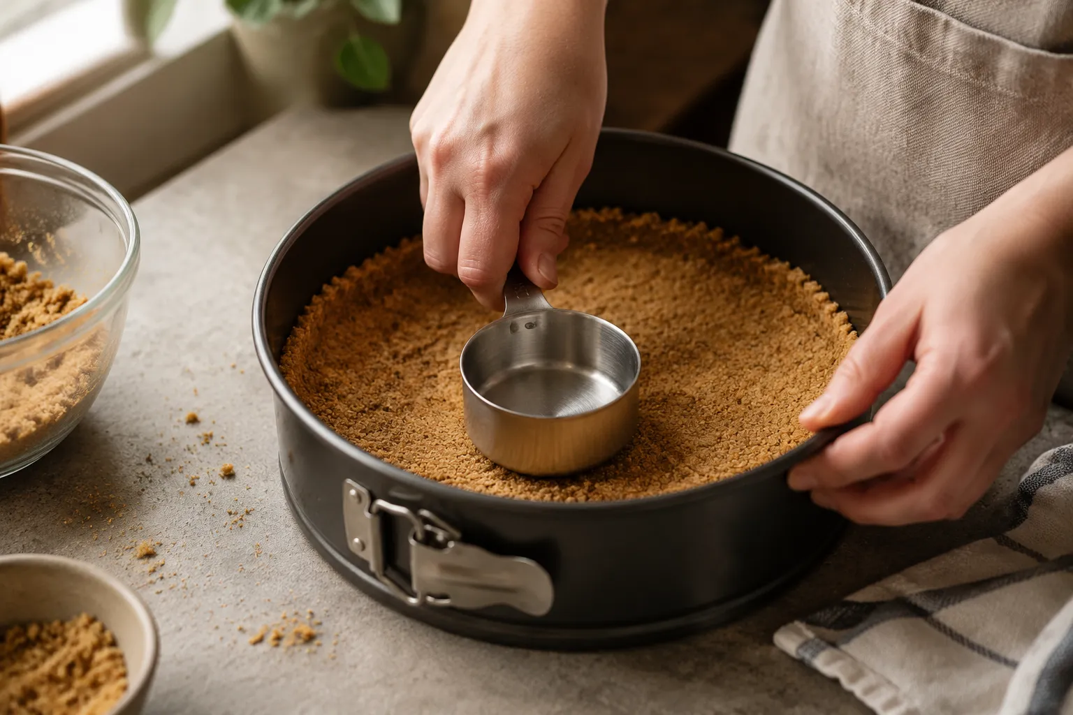 Pressing graham cracker crust into springform pan for pumpkin cheesecake