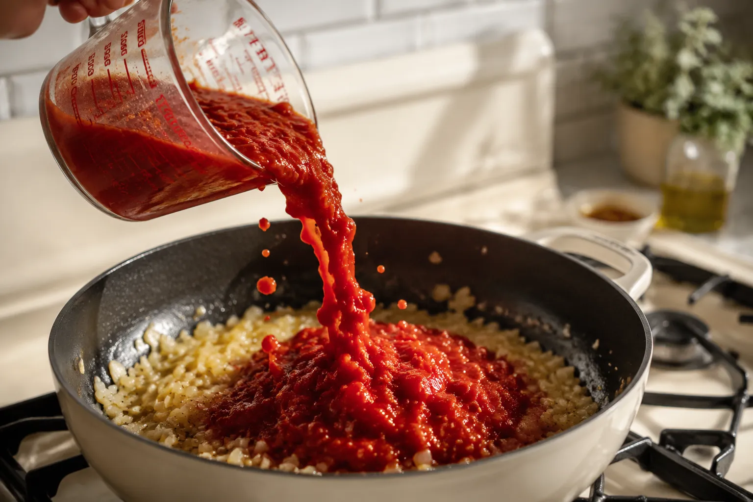 Adding San Marzano tomatoes to homemade spaghetti sauce.