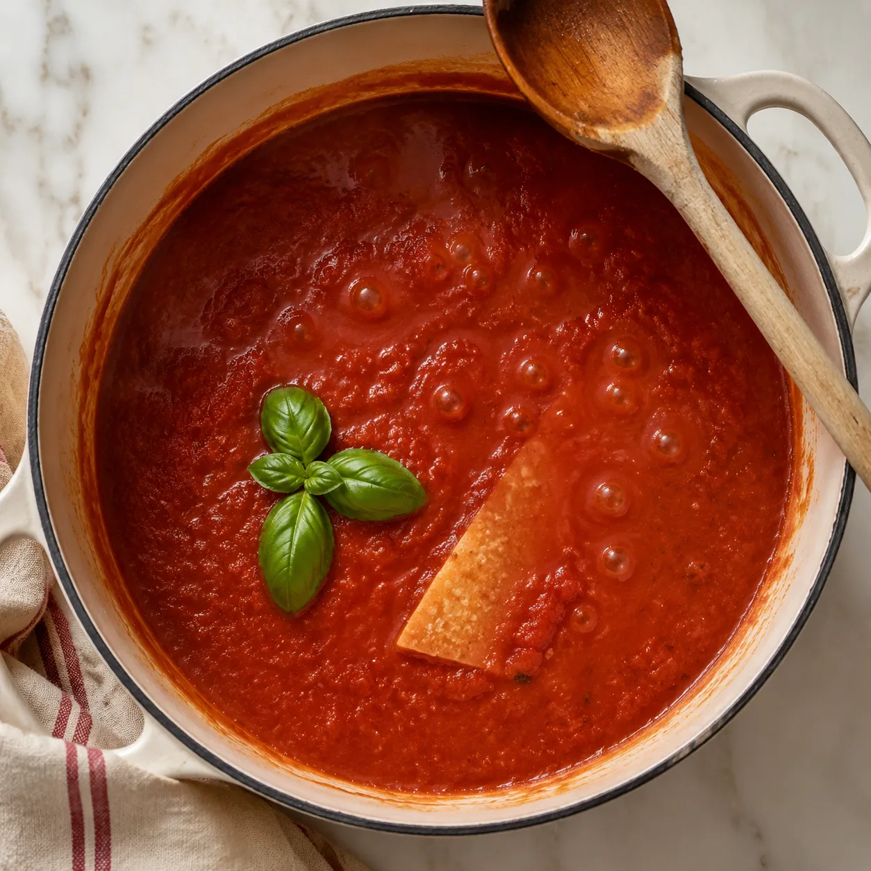 Simmering homemade spaghetti sauce with a Parmesan rind.