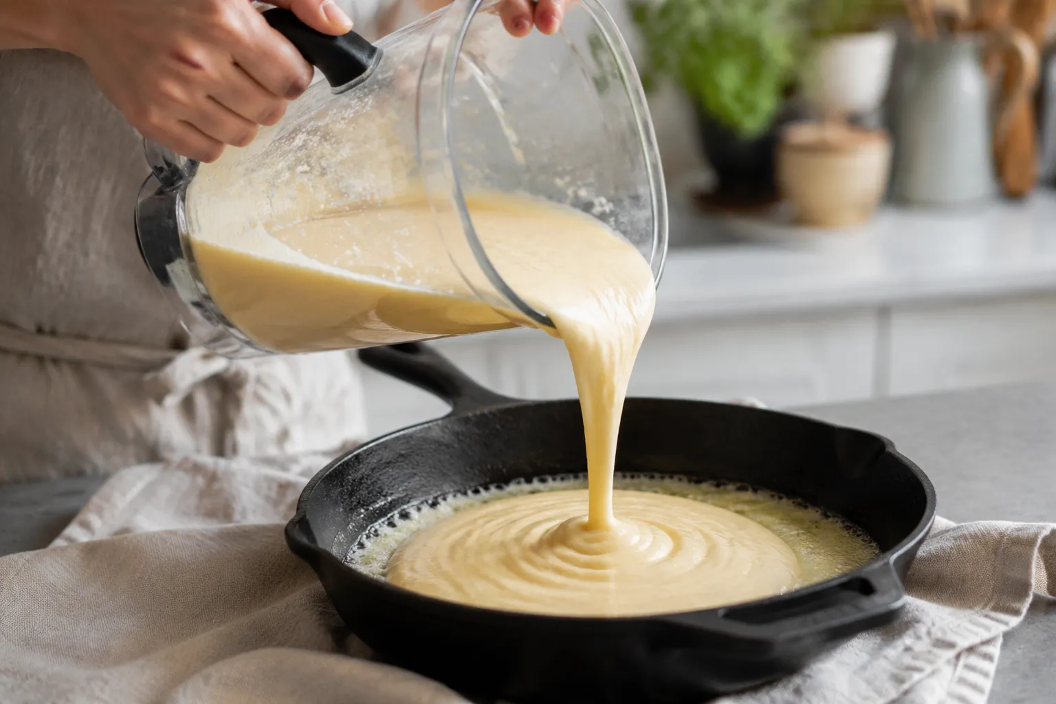 Pouring Dutch baby batter into a buttered cast iron skillet
