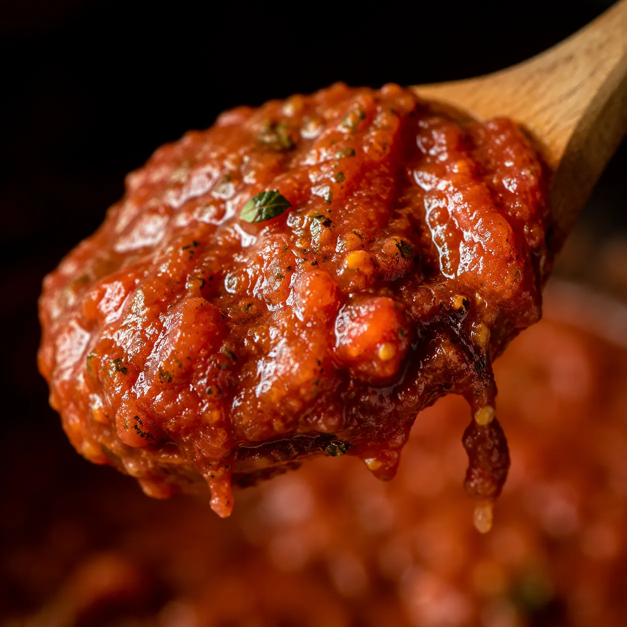 Close-up of rich homemade spaghetti sauce on a wooden spoon.