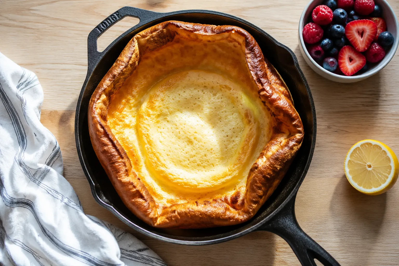 Finished puffy Dutch baby pancake fresh from the oven