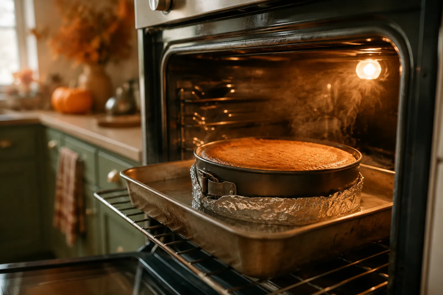 Pumpkin cheesecake baking in a water bath in the oven