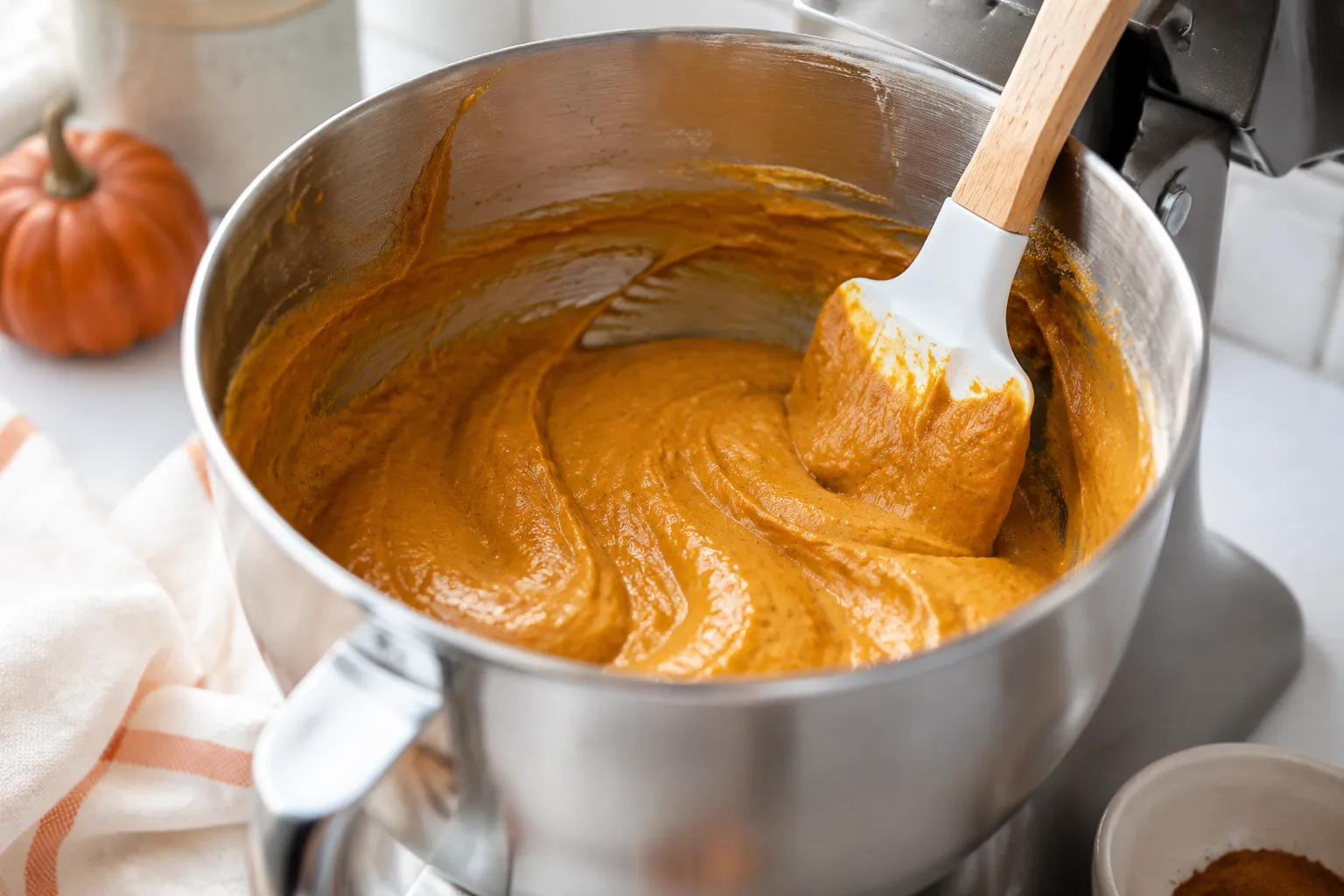 Smooth pumpkin cheesecake batter in a mixing bowl