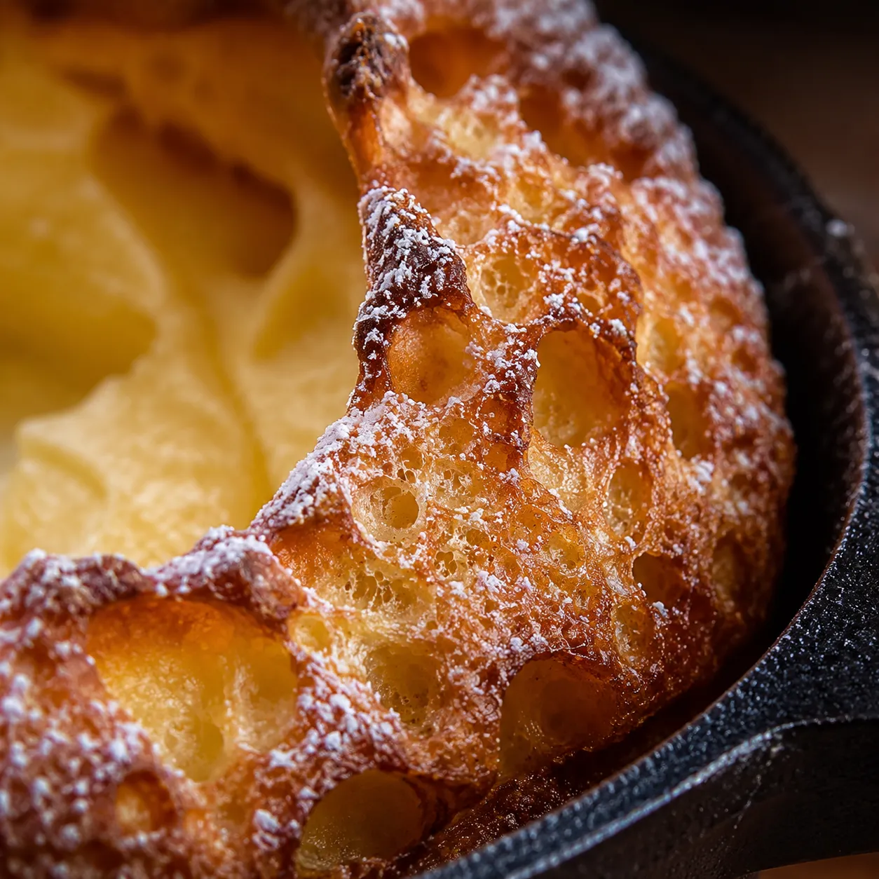 Close-up of the crispy golden edge of a German pancake Dutch baby
