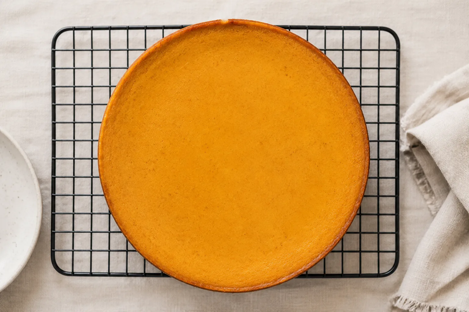 Crack-free baked pumpkin cheesecake cooling on a wire rack