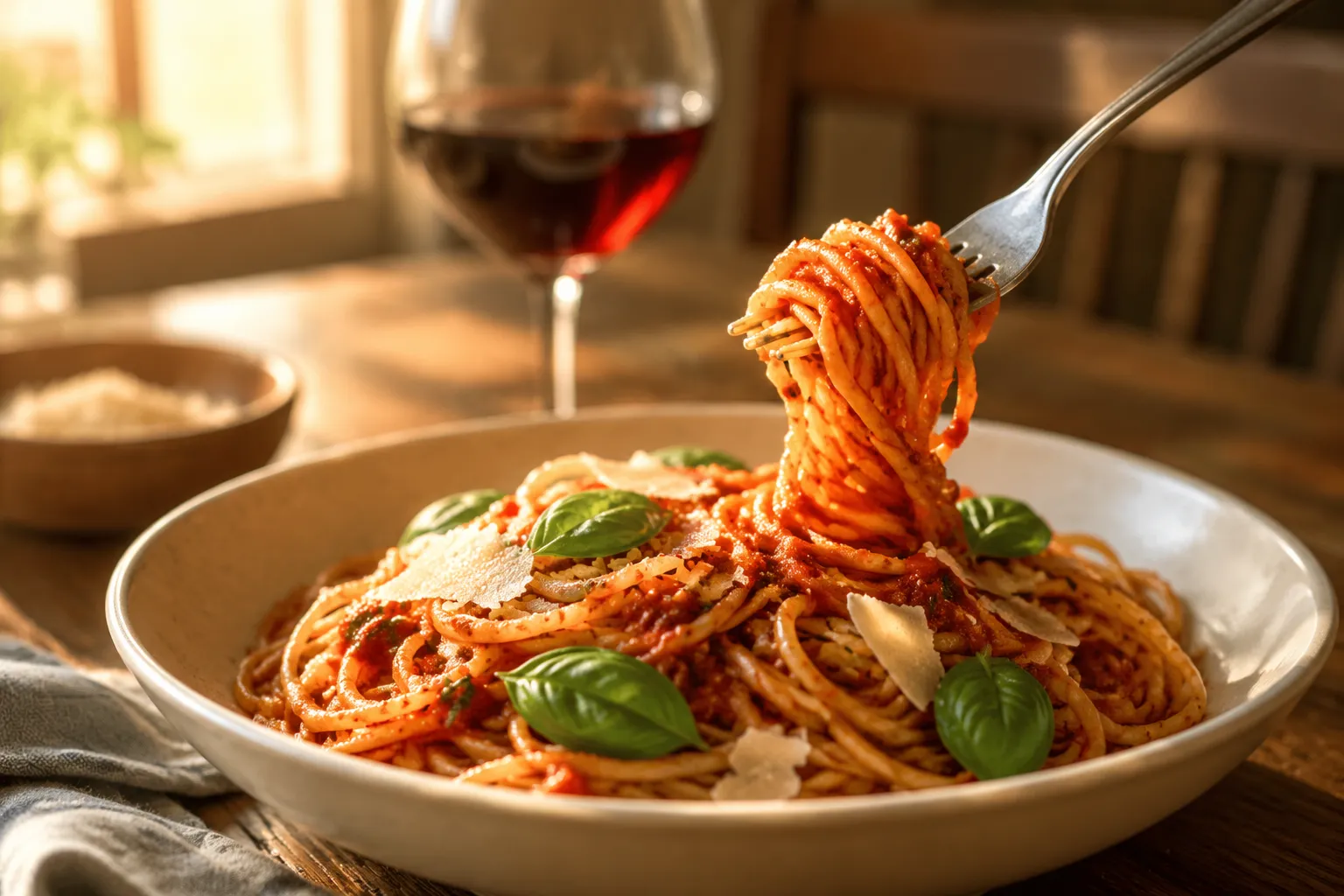 Bowl of spaghetti with homemade spaghetti sauce and Parmesan.