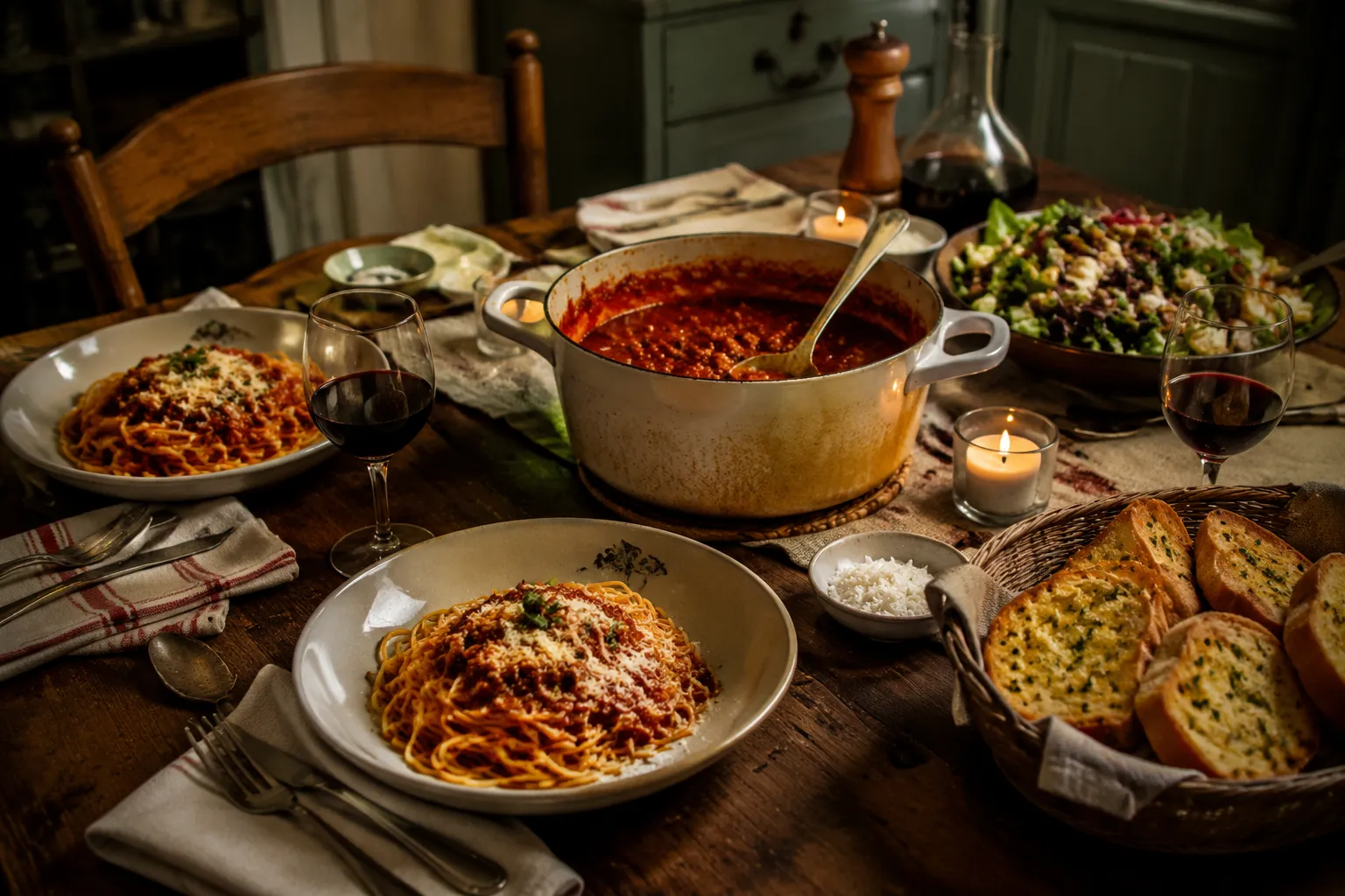 Family-style dinner with homemade spaghetti sauce, pasta, and garlic bread.