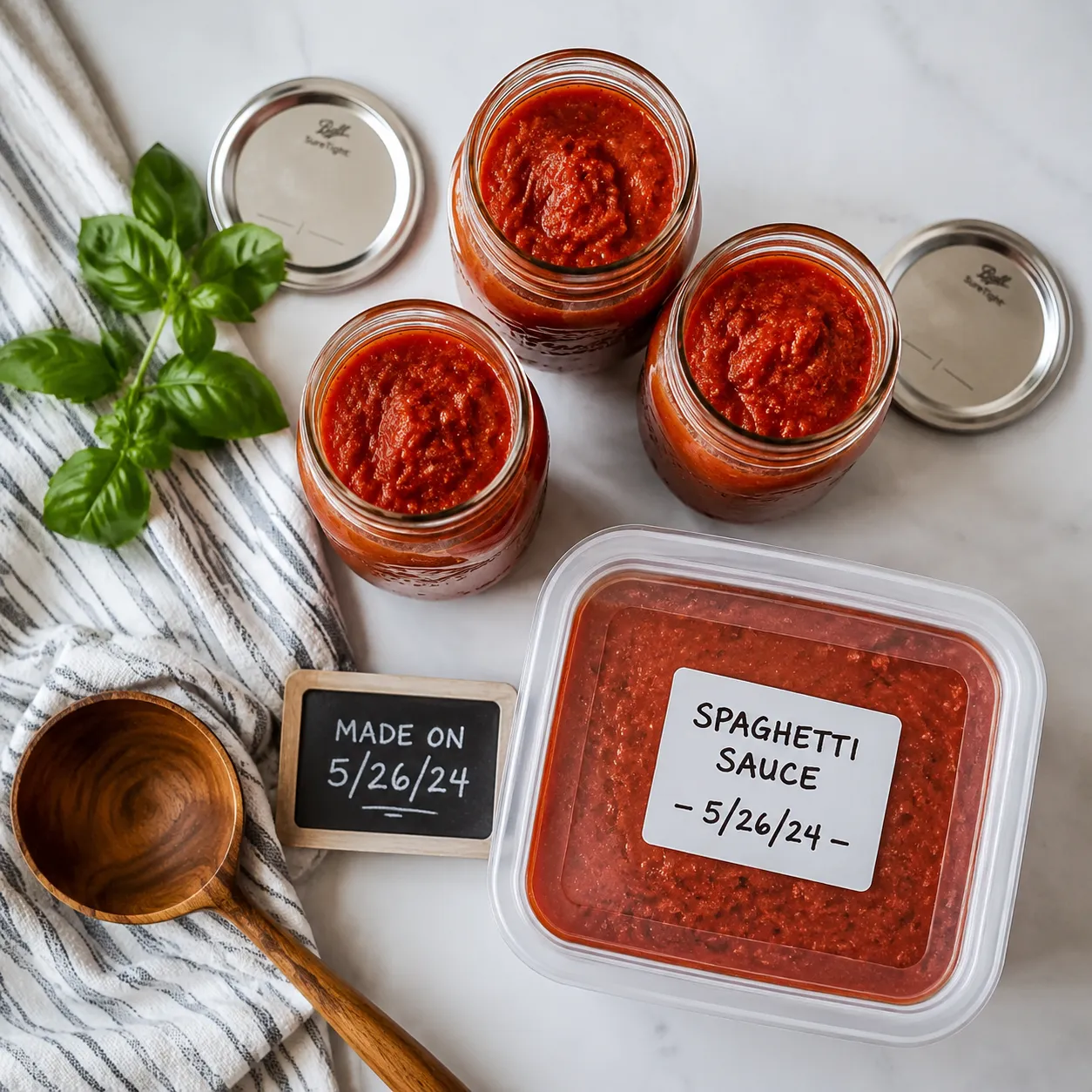 Homemade spaghetti sauce stored in mason jars for the fridge and freezer.
