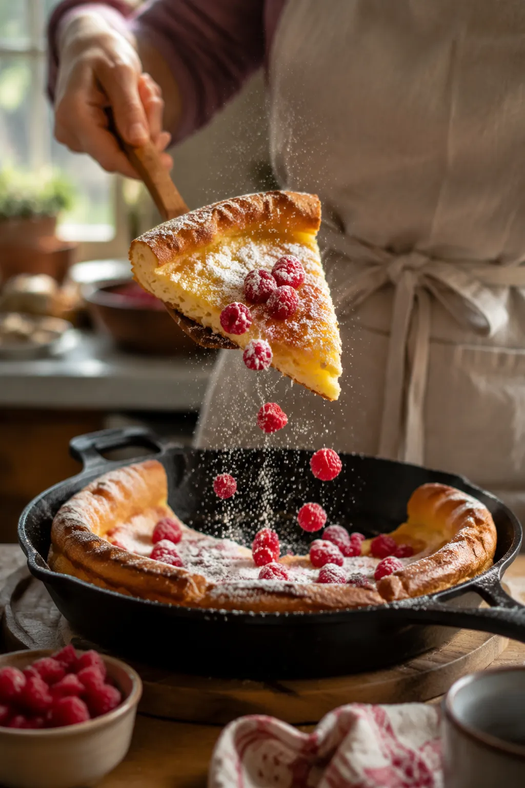 Serving a slice of Dutch baby recipe topped with berries and powdered sugar