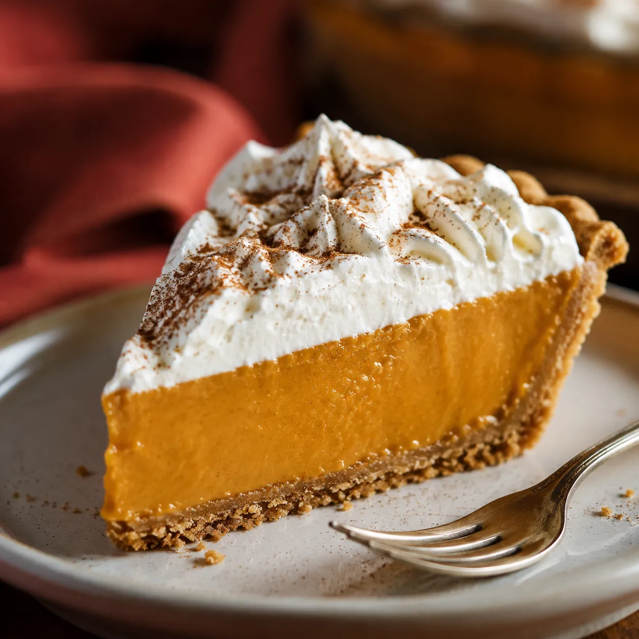 Close-up slice showing silky texture of pumpkin cheesecake recipe