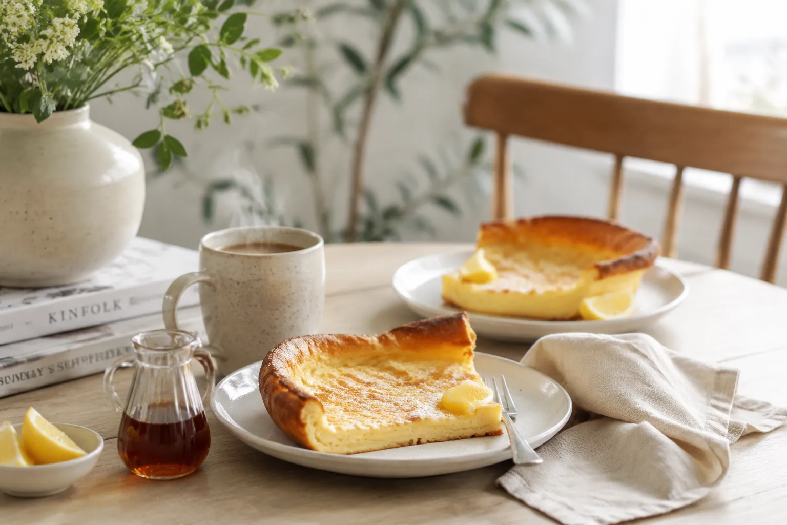 Dutch baby pancake brunch spread with coffee and maple syrup