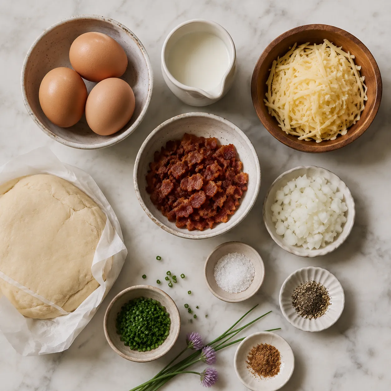 Quiche recipe ingredients flatlay with eggs, cream, Gruyère, bacon, and pie dough