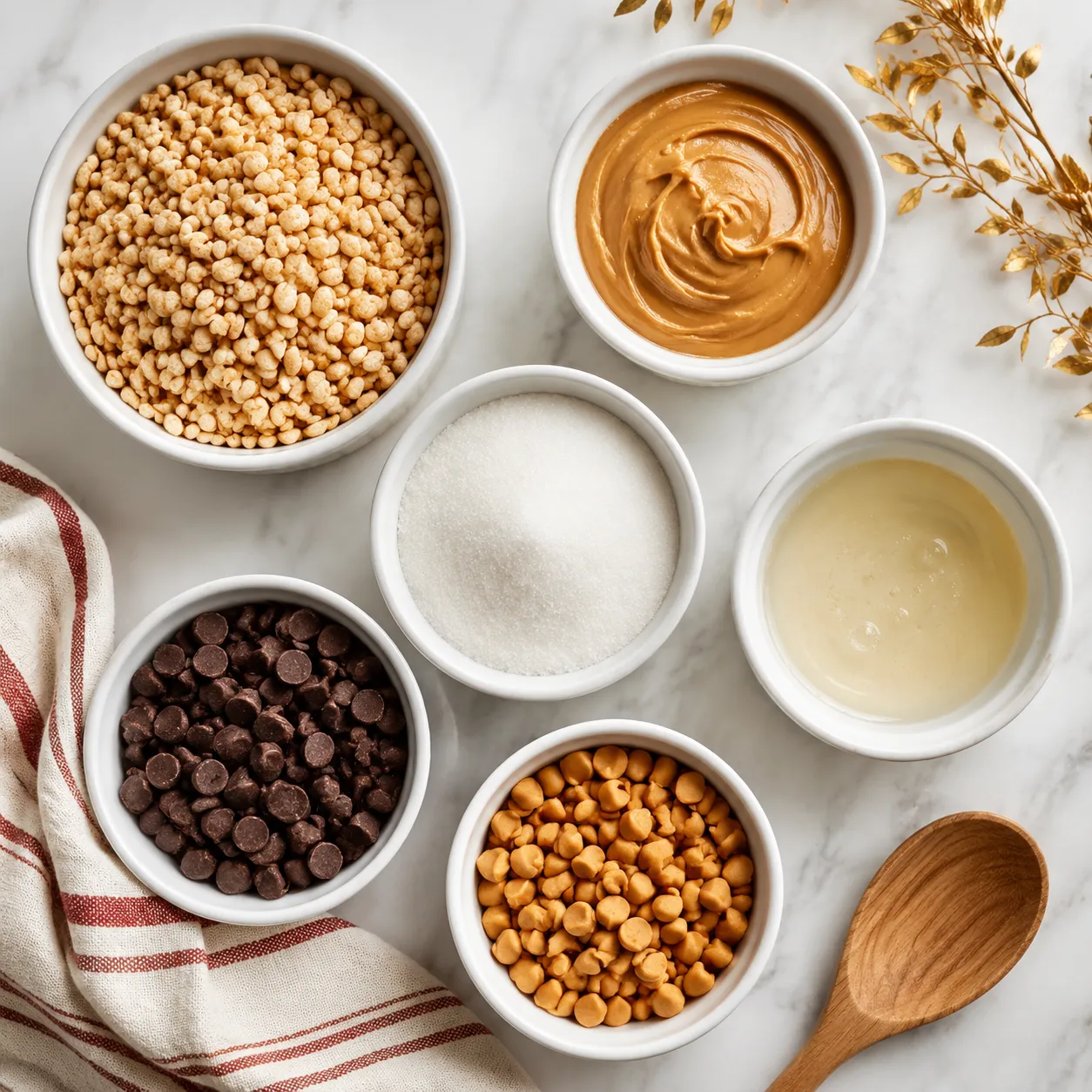 Scotcharoos ingredients flatlay with peanut butter cereal and butterscotch chips