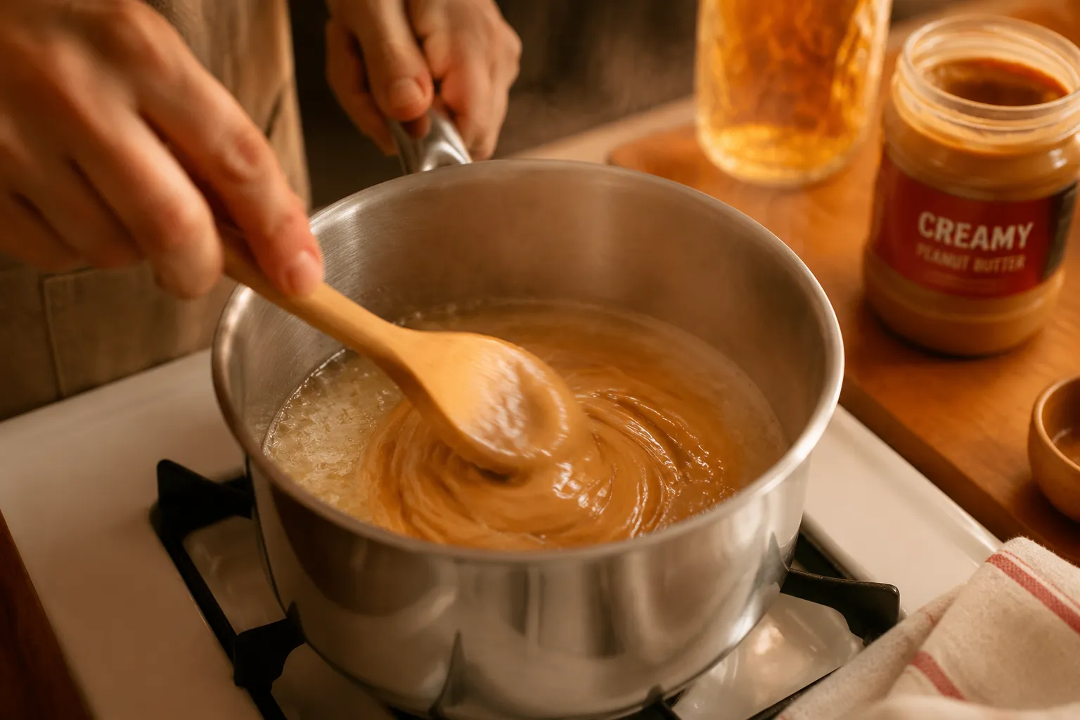 Stirring peanut butter into sugar syrup for scotcharoos