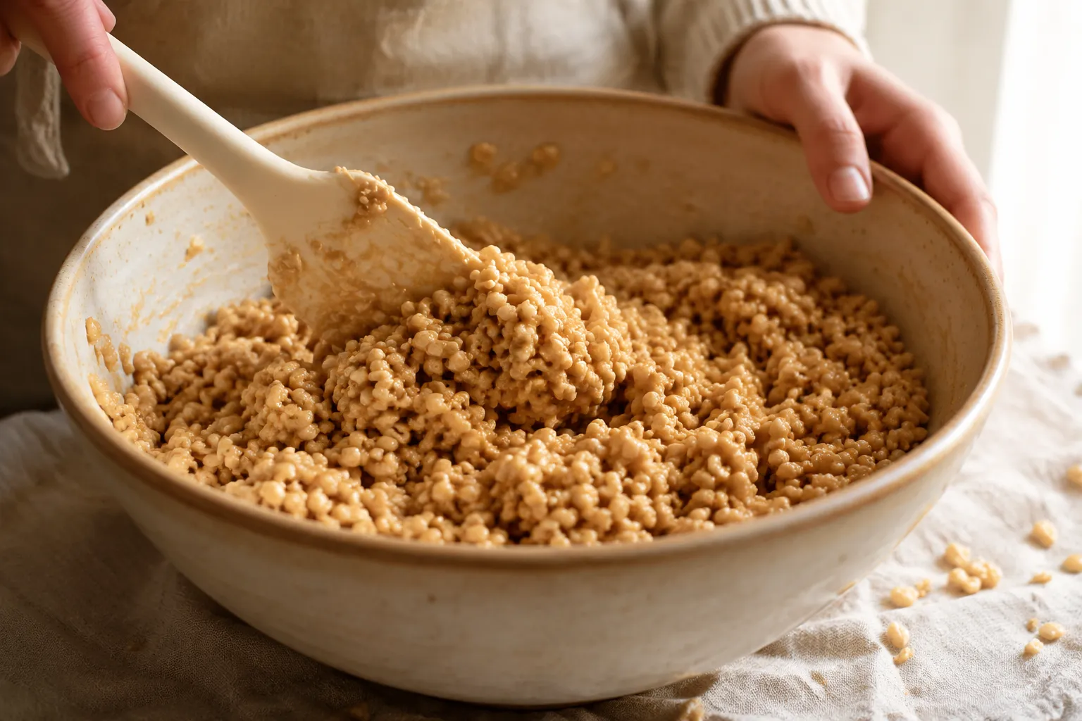 Folding crispy rice cereal into peanut butter syrup for scotcharoo recipe