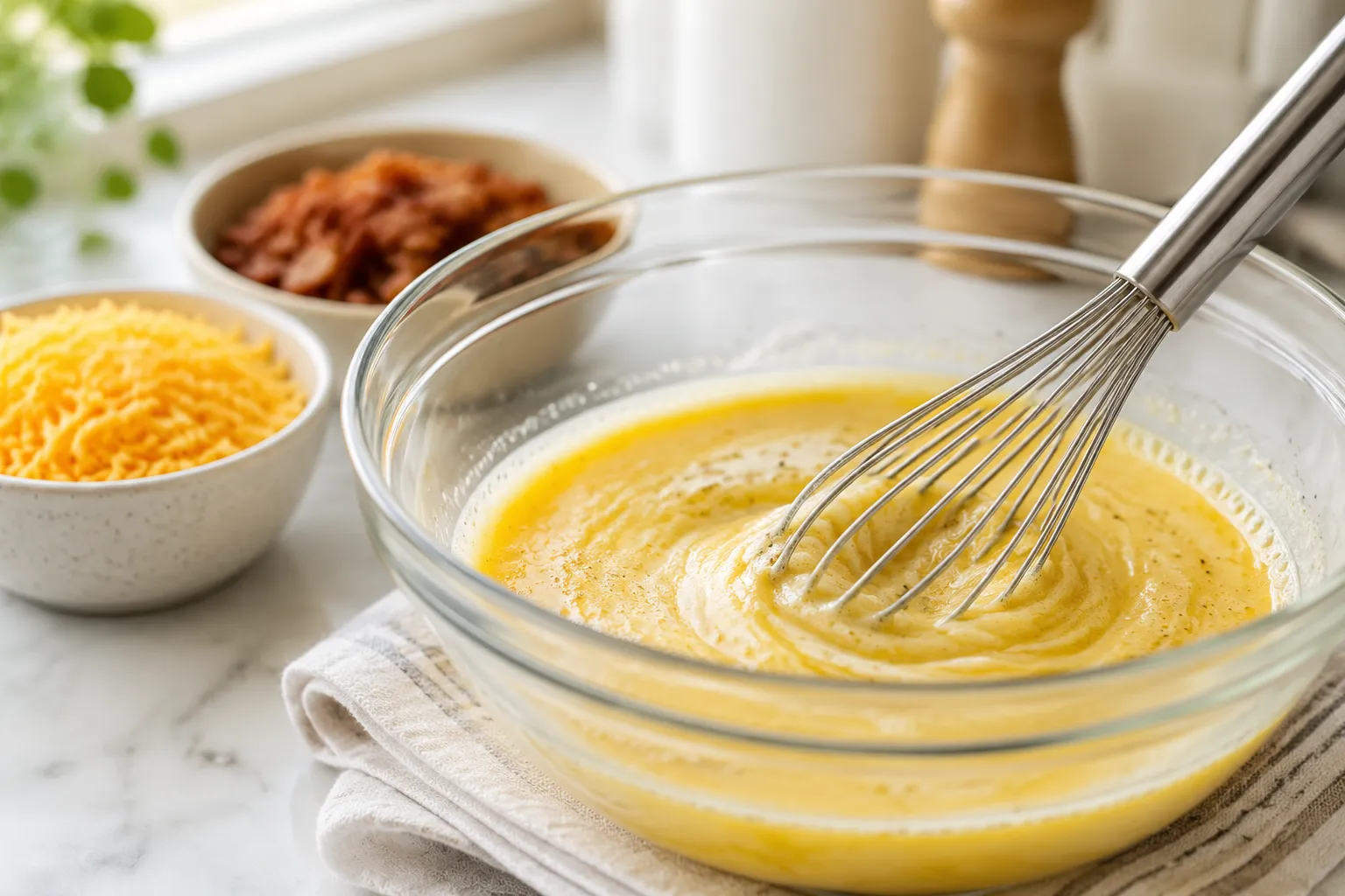 Whisking eggs and cream for quiche custard filling