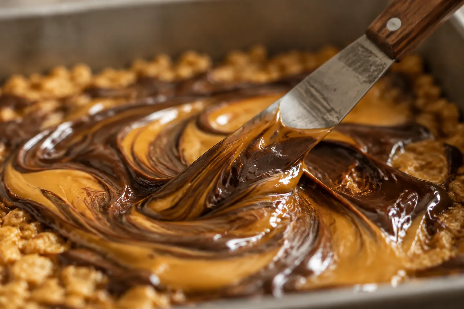 Spreading chocolate butterscotch topping on scotcharoos recipe