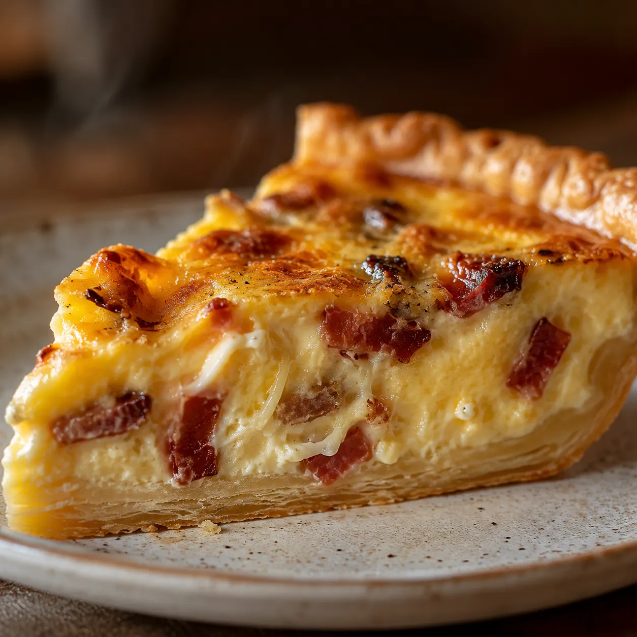 Close-up of silky quiche custard and flaky pie crust layers