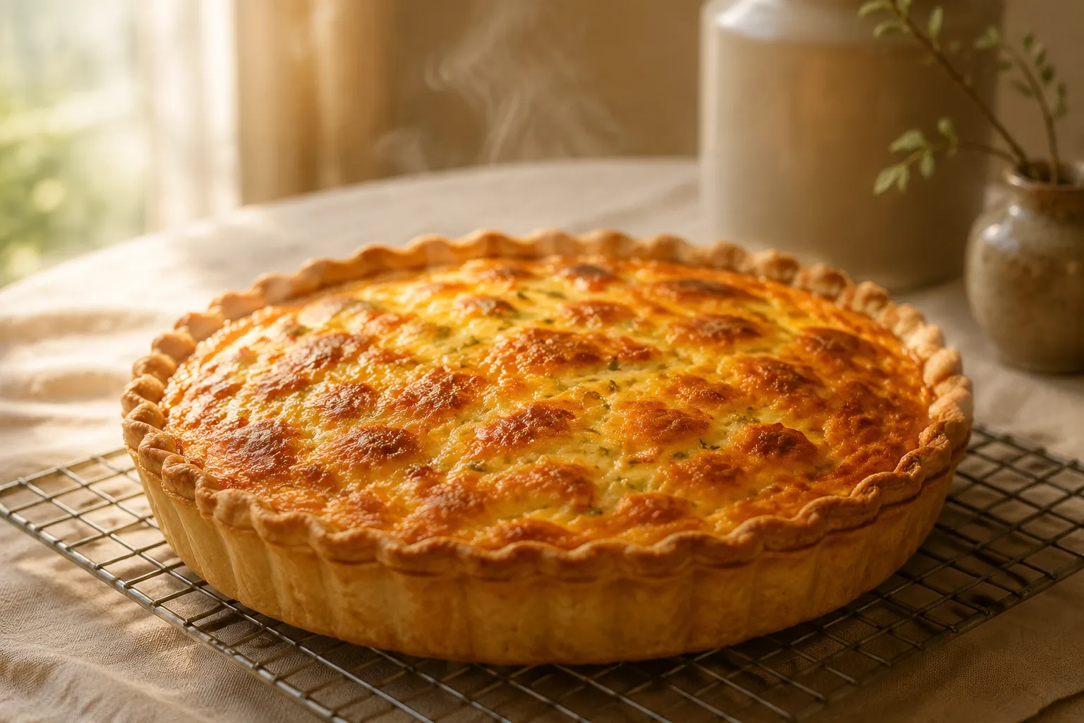 Whole baked classic quiche cooling on a wire rack