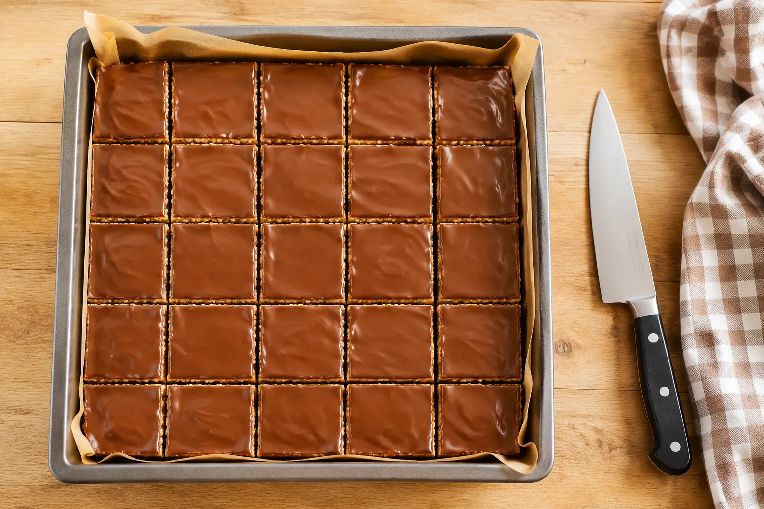 Pan of sliced scotcharoos with chocolate butterscotch topping