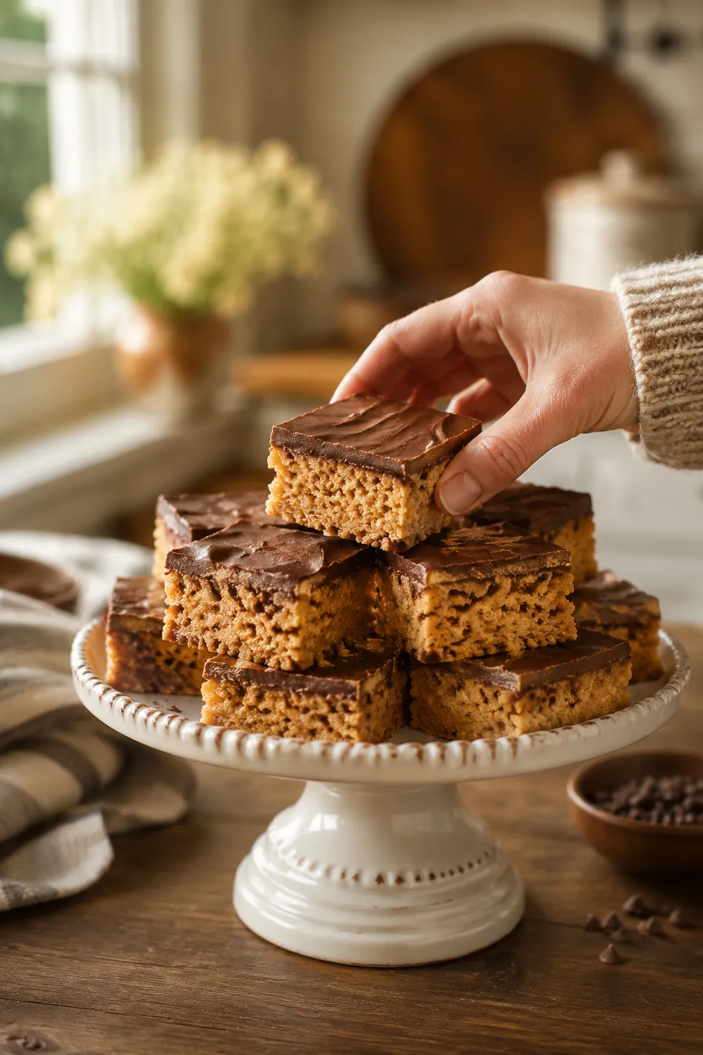 Hand grabbing a scotcharoo bar from a cake stand
