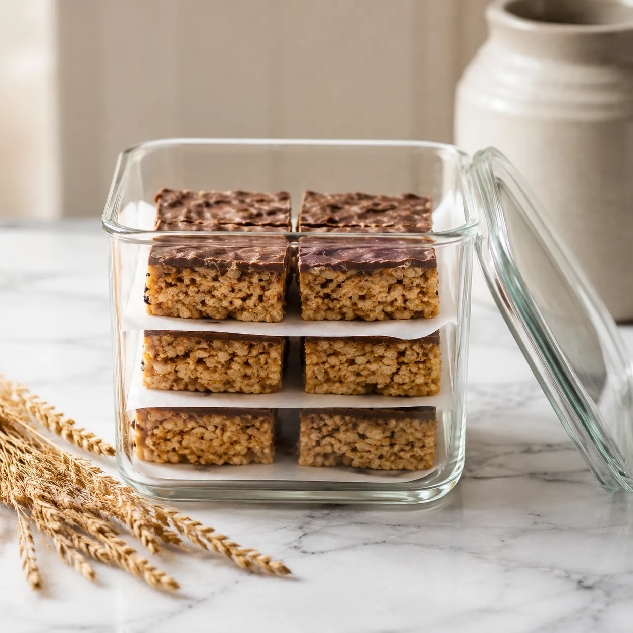 Scotcharoos stored in a glass container with parchment between layers