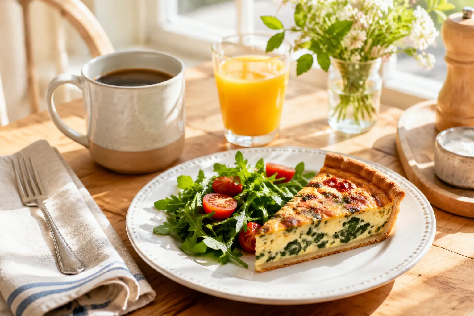 Quiche slice served with salad and coffee for brunch