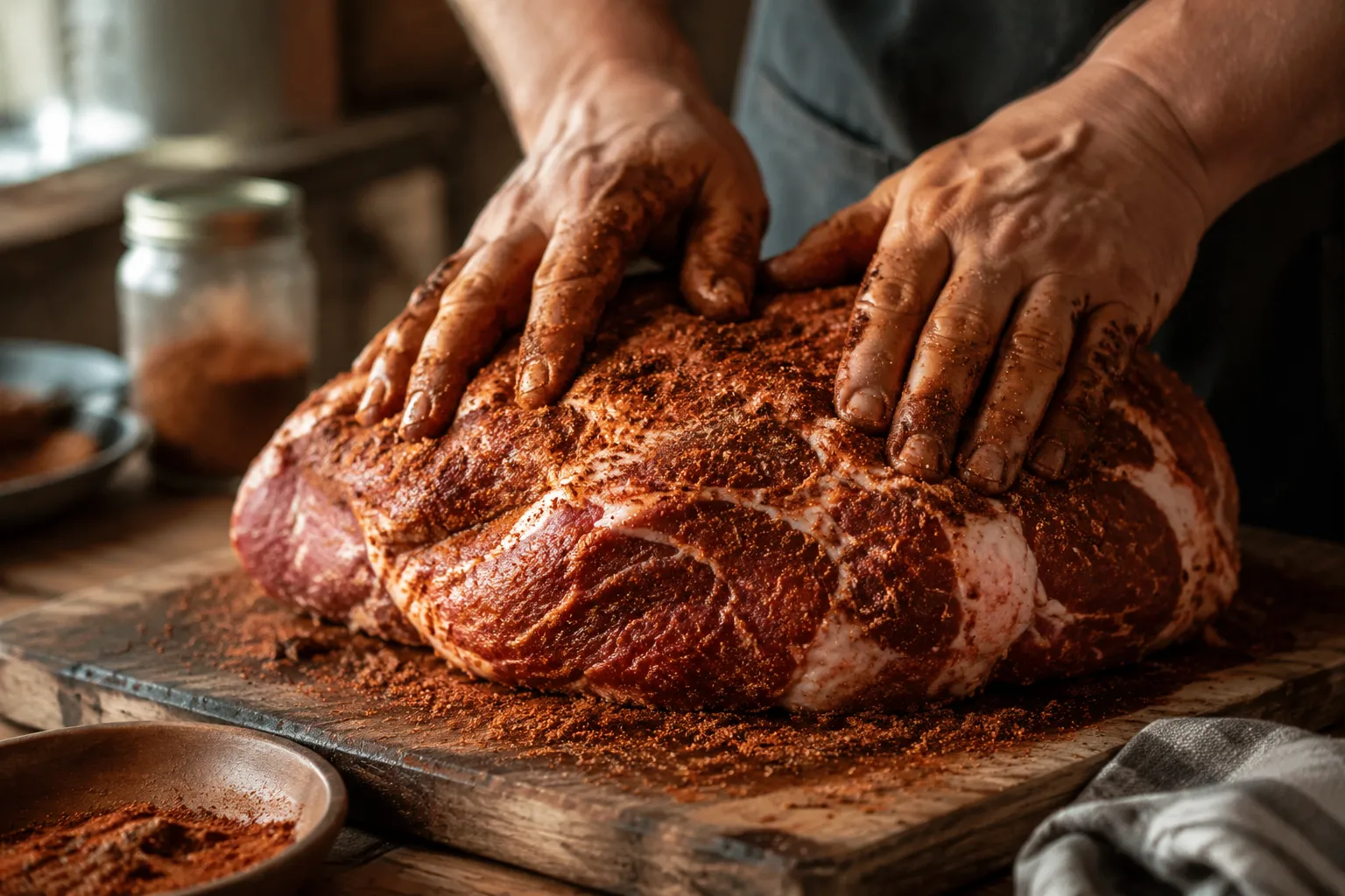 Hands seasoning a Boston butt with dry rub for a pulled pork recipe