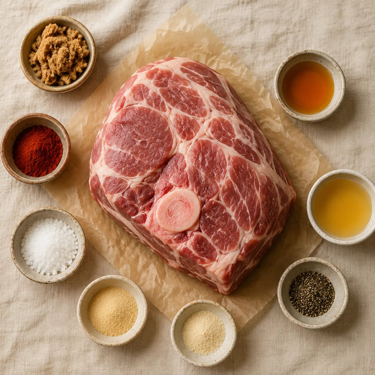 Ingredients flatlay for pork butt recipe with spice rub and Boston butt