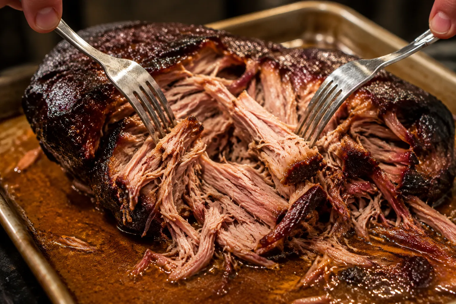 Shredding cooked pork butt with two forks for pulled pork recipes