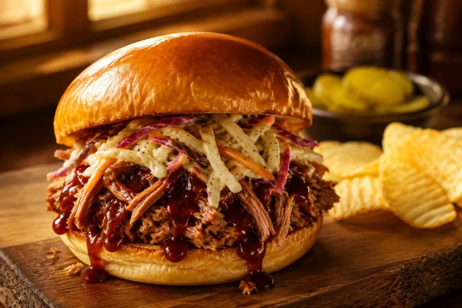 Pulled pork sandwich made from a Boston butt recipe with coleslaw