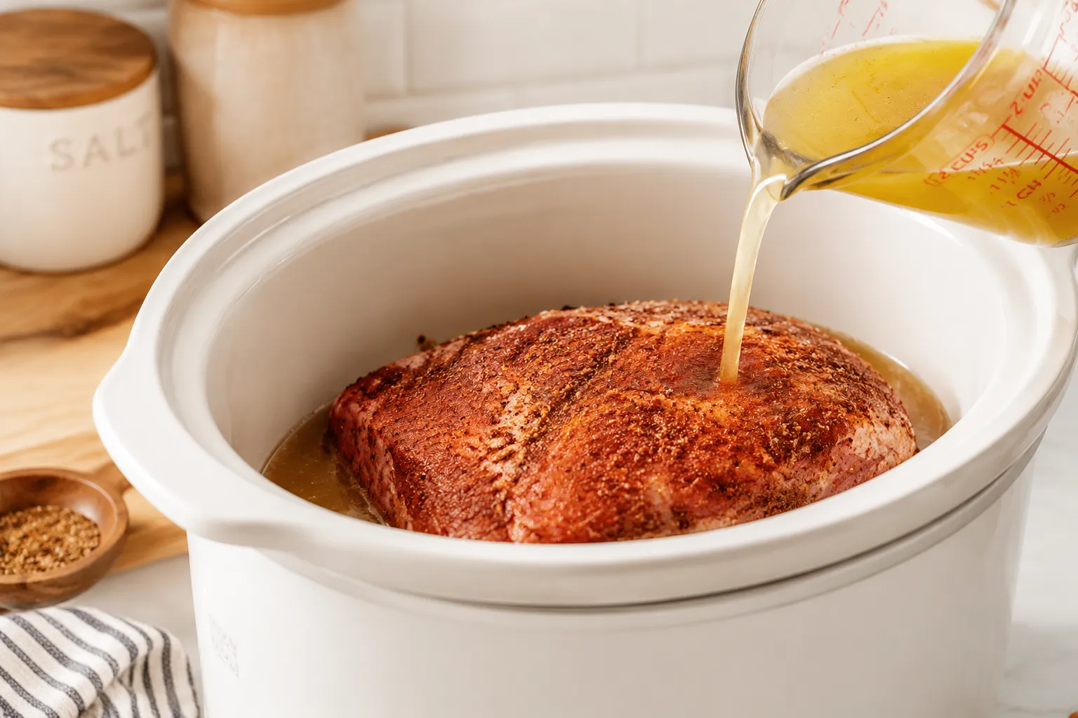 Pouring broth around a seasoned pork butt in a slow cooker