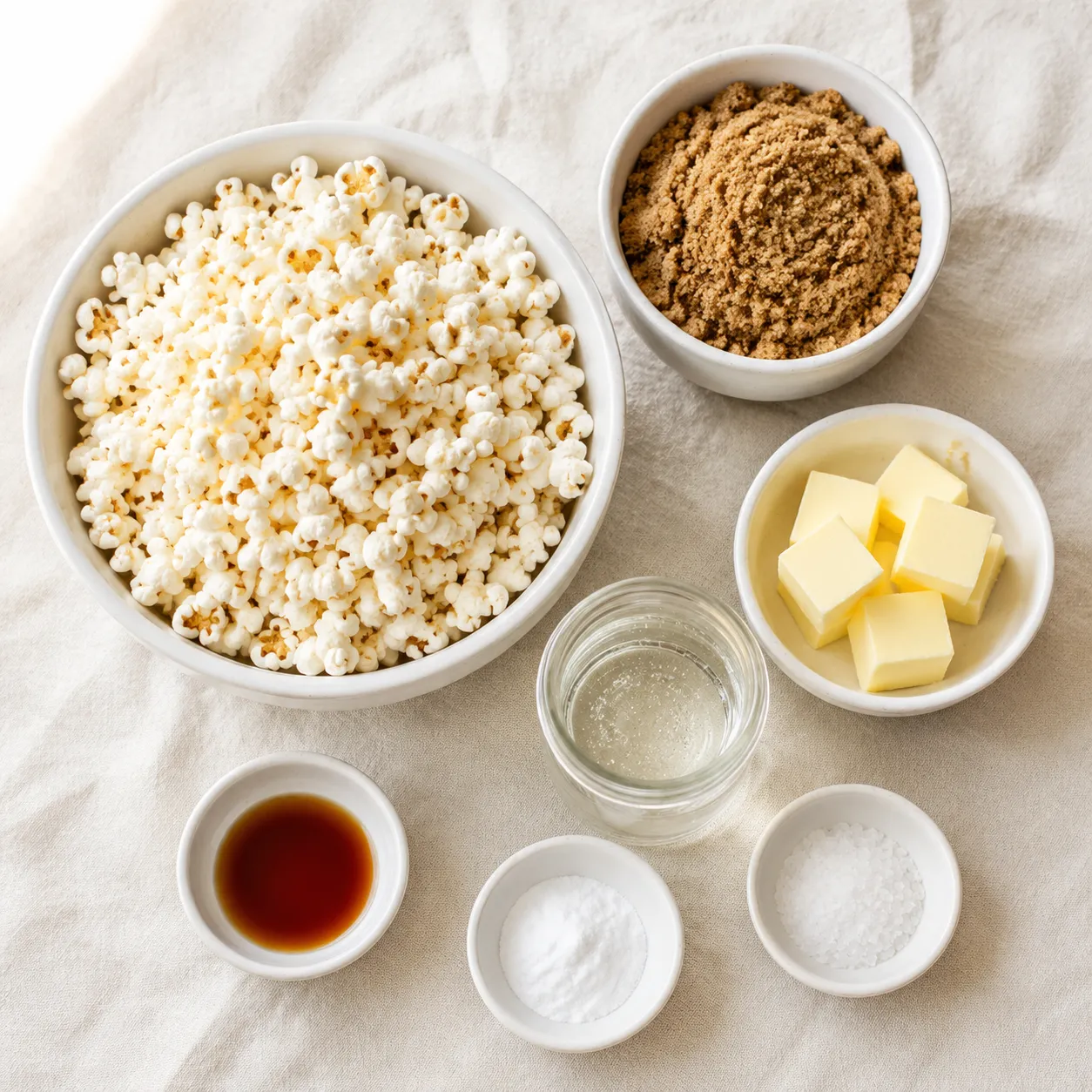 Caramel popcorn ingredients flatlay with brown sugar, butter, and popcorn kernels
