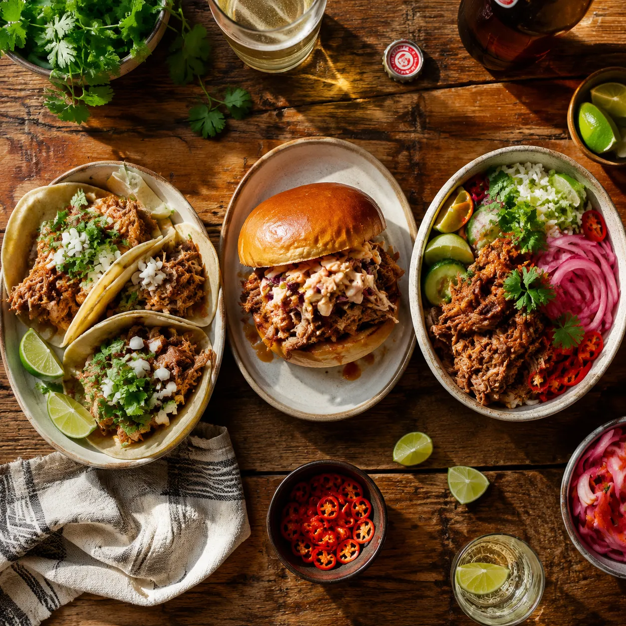 Three ways to serve pork butt: tacos, sandwich, and rice bowl