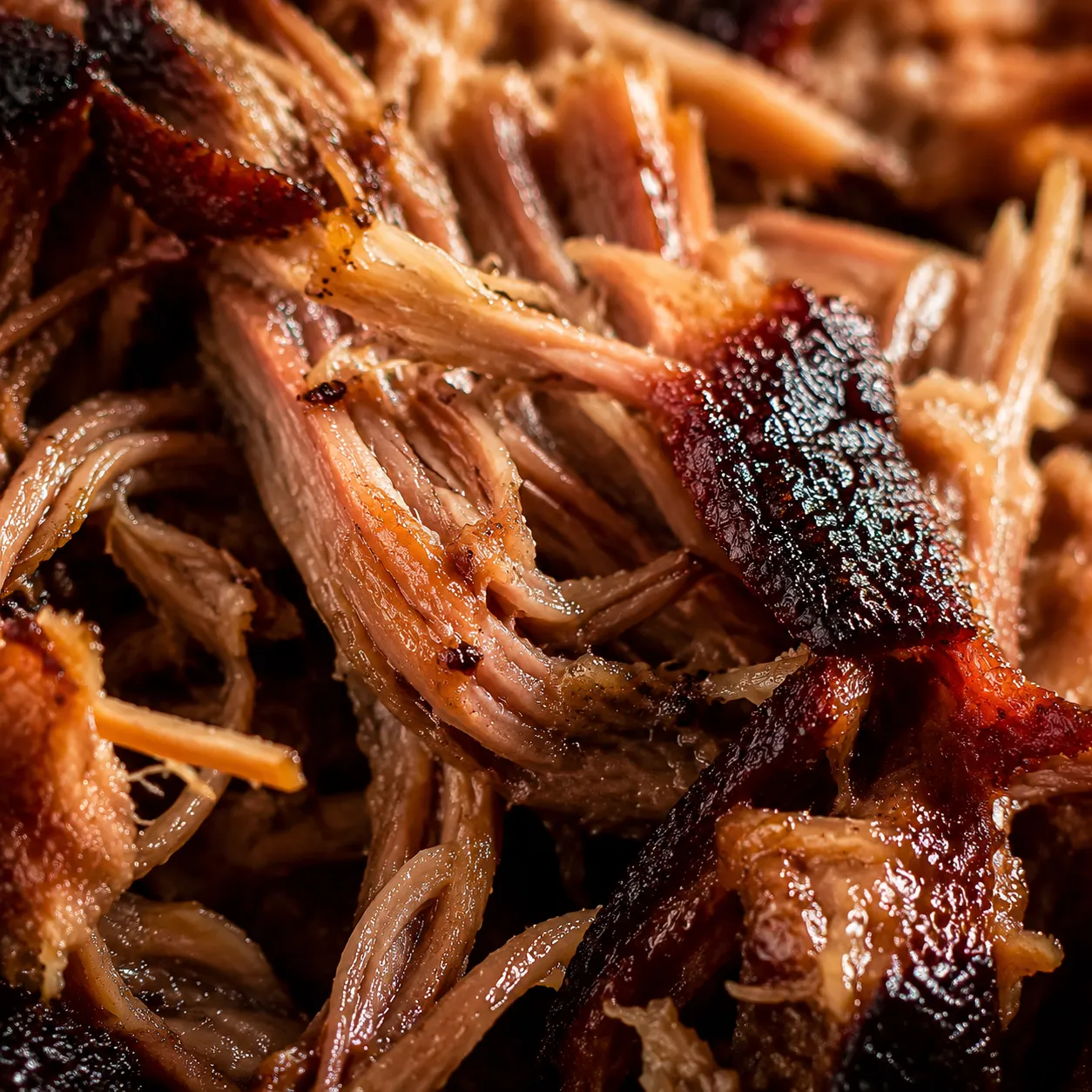 Close-up macro of shredded pork butt showing bark and tender strands