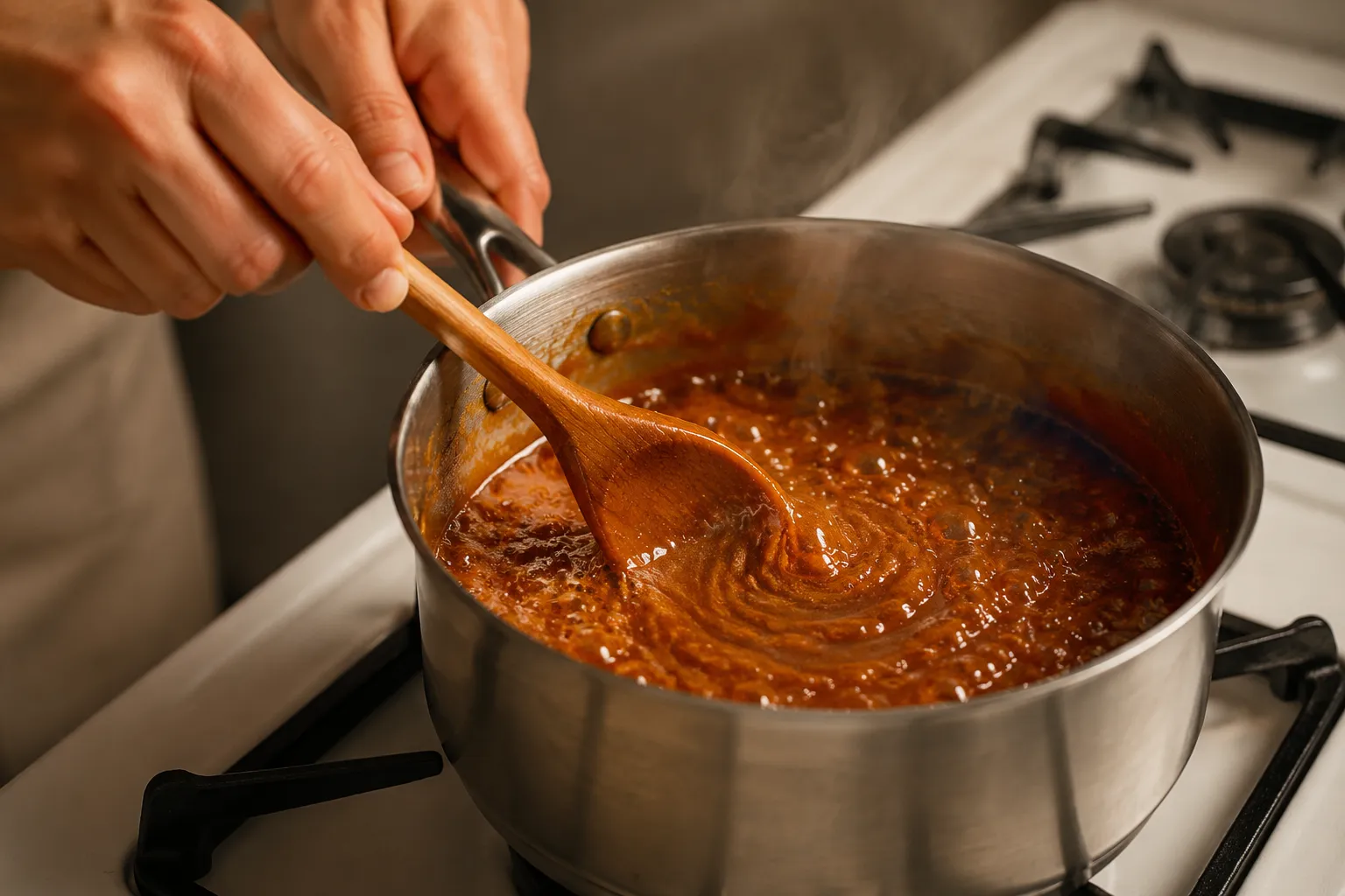 Stirring bubbling brown sugar caramel sauce for caramel popcorn in a saucepan