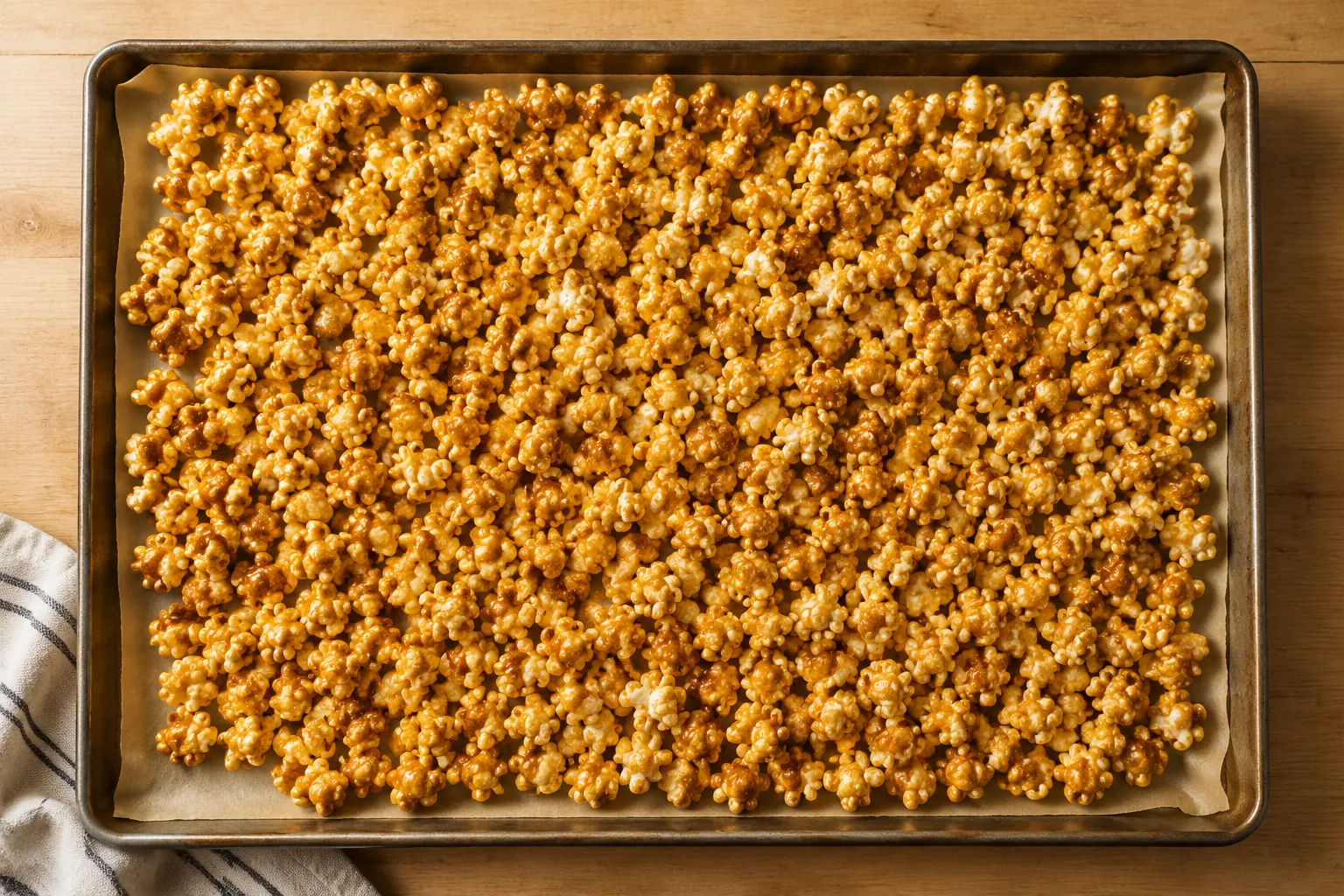 Caramel popcorn spread on a sheet pan ready to bake until crunchy