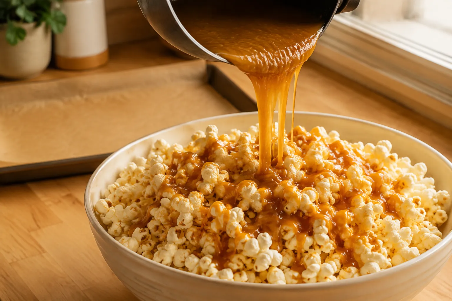 Pouring caramel sauce over popcorn to make homemade caramel popcorn
